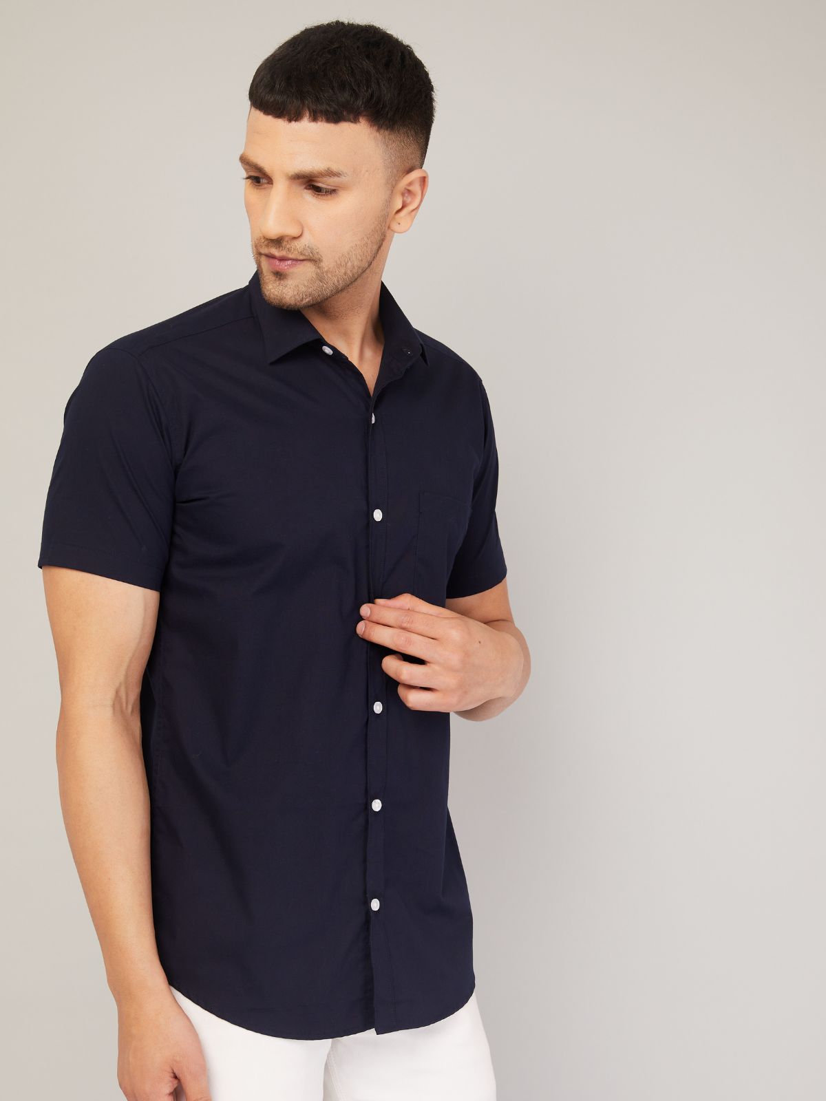 Louis Monarch Men Regular Fit Solid Navy Blue Spread Collar Casual Half Shirt